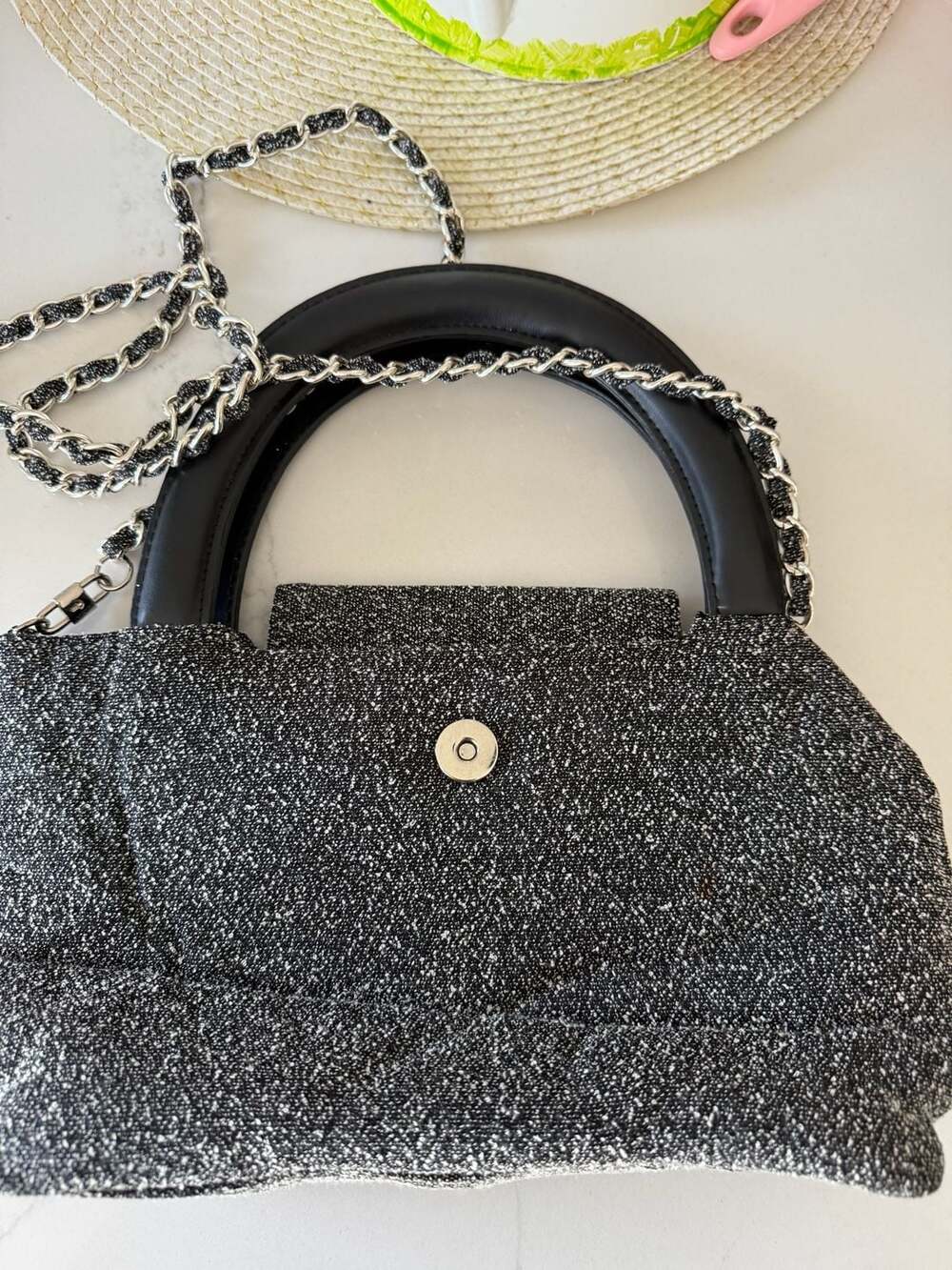 Newport News Easy Style Black and White Tweed Textured Handbag with Chain Strap